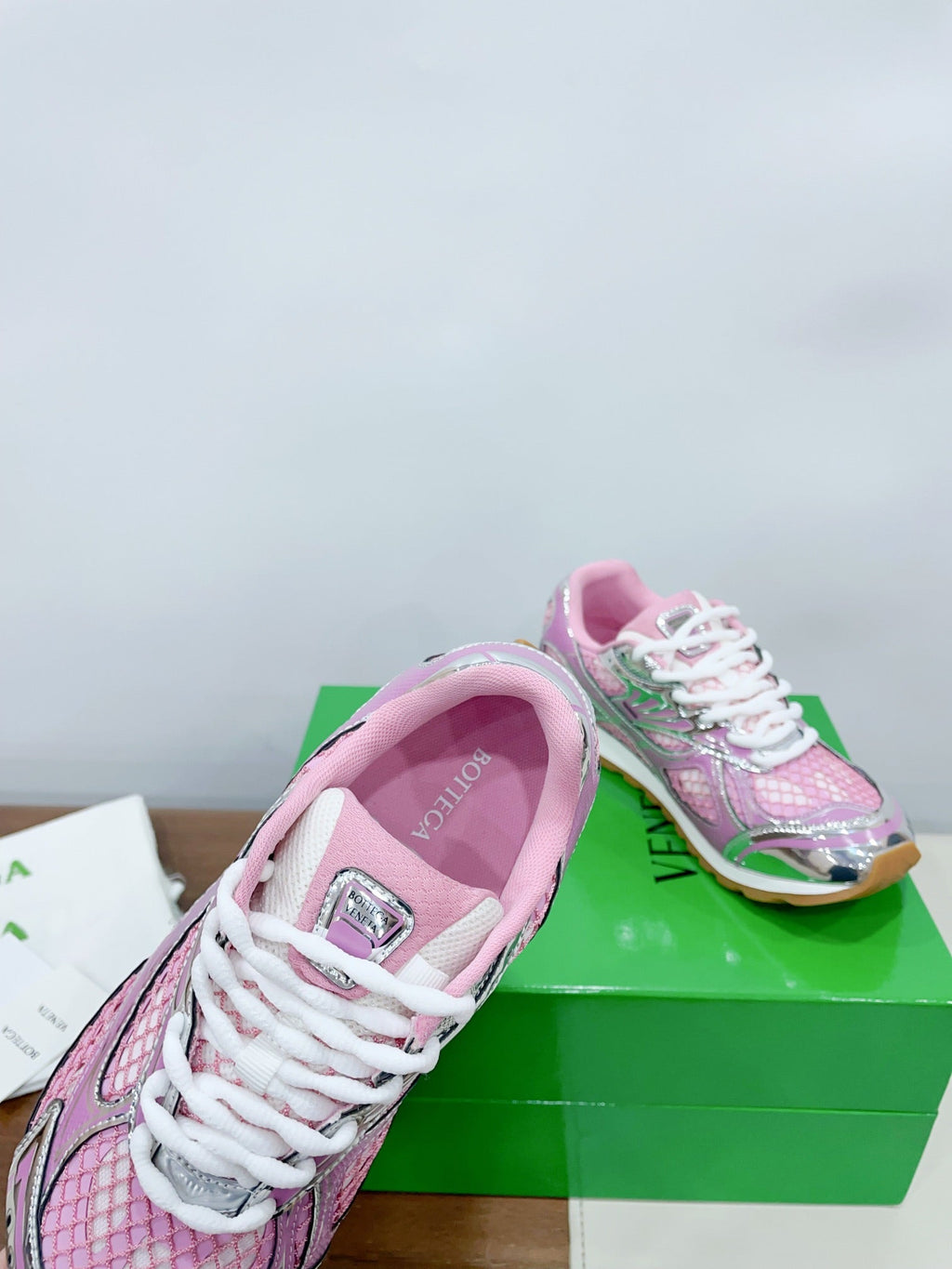 BOTTEGA VENETA ORBIT SNEAKER IN BLUSH PINK TECHNICAL FABRIC AND METALLIC MESH