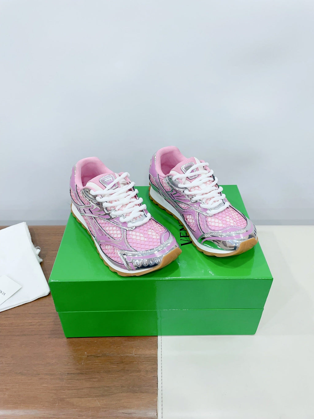 BOTTEGA VENETA ORBIT SNEAKER IN BLUSH PINK TECHNICAL FABRIC AND METALLIC MESH