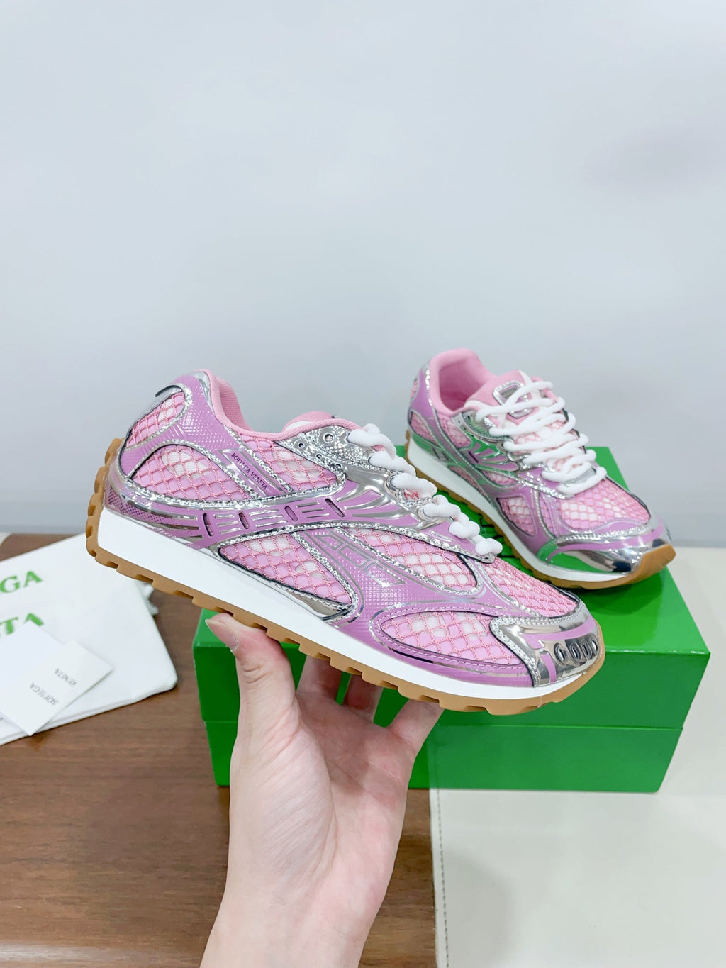 BOTTEGA VENETA ORBIT SNEAKER IN BLUSH PINK TECHNICAL FABRIC AND METALLIC MESH