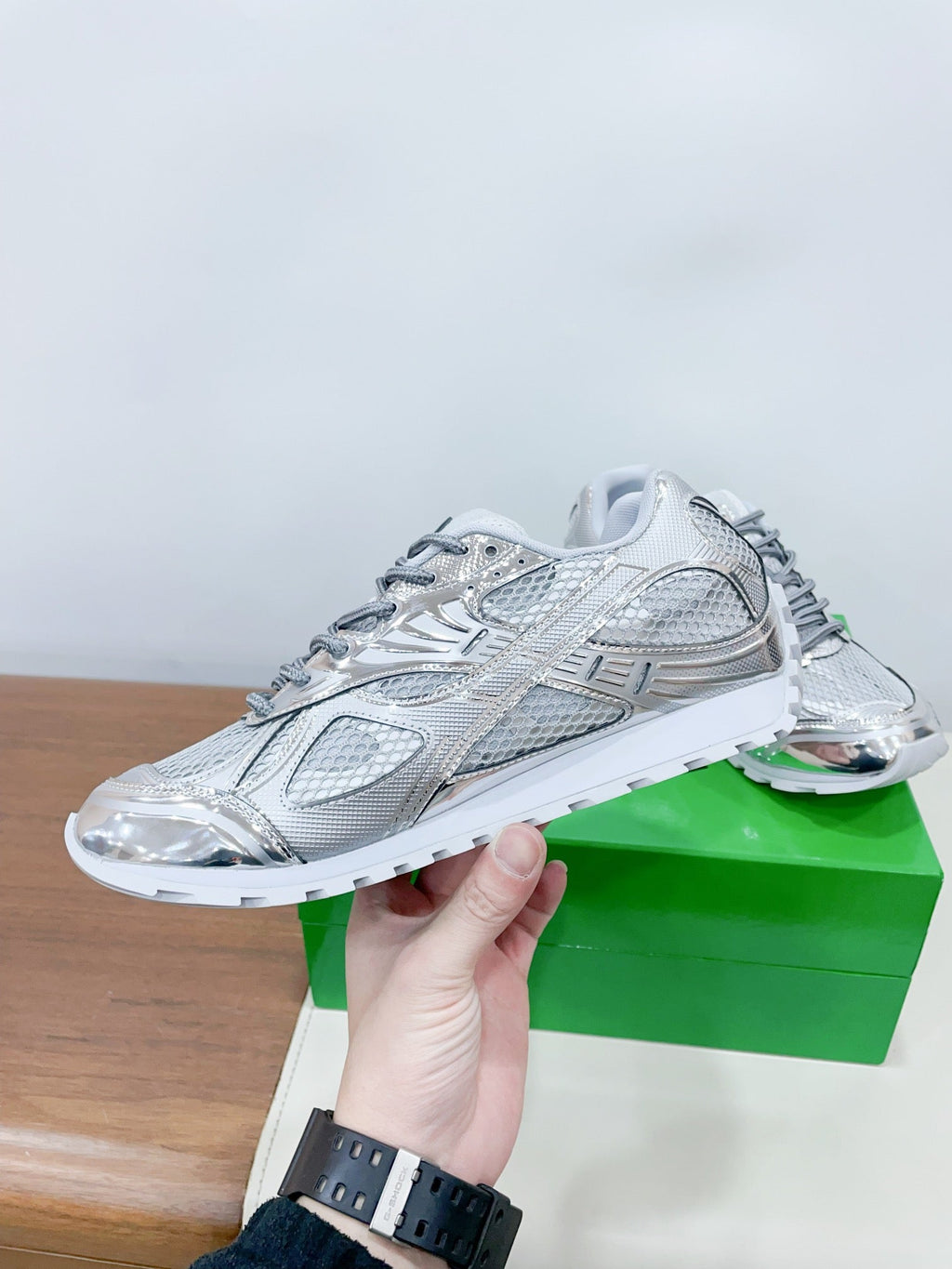 BOTTEGA VENETA ORBIT SNEAKER IN SILVER TECHNICAL FABRIC AND METALLIC MESH