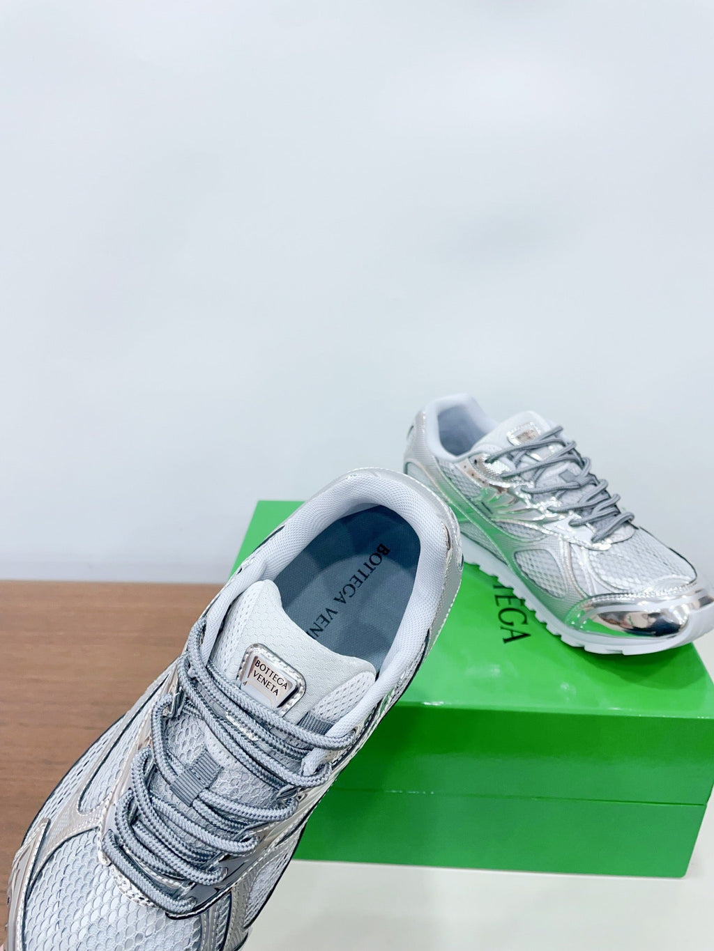 BOTTEGA VENETA ORBIT SNEAKER IN SILVER TECHNICAL FABRIC AND METALLIC MESH