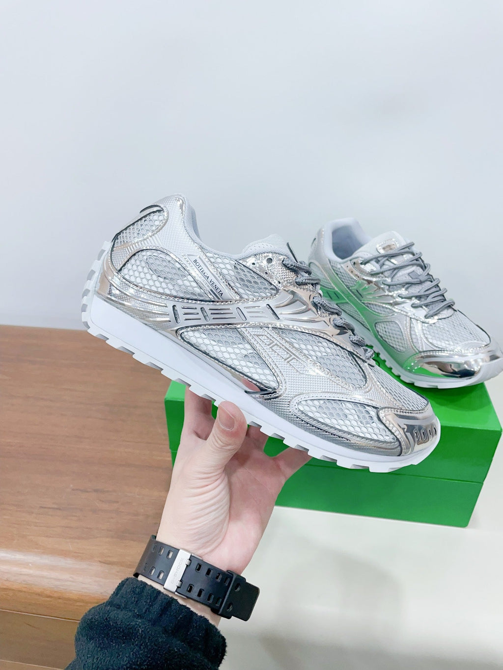 BOTTEGA VENETA ORBIT SNEAKER IN SILVER TECHNICAL FABRIC AND METALLIC MESH