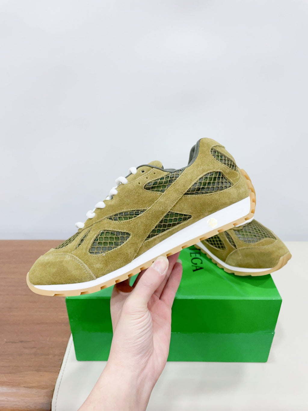 BOTTEGA VENETA ORBIT SNEAKER IN OLIVE GREEN SUEDE AND TECHNICAL MESH