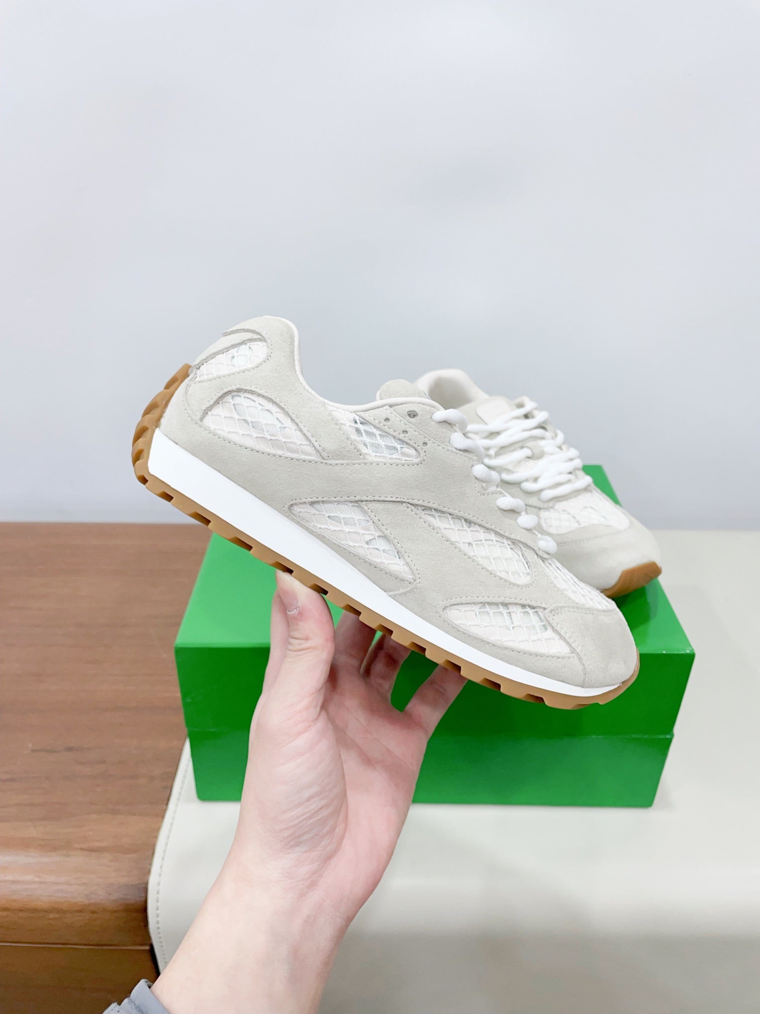 BOTTEGA VENETA ORBIT SNEAKER IN SEA SALT SUEDE AND TECHNICAL MESH