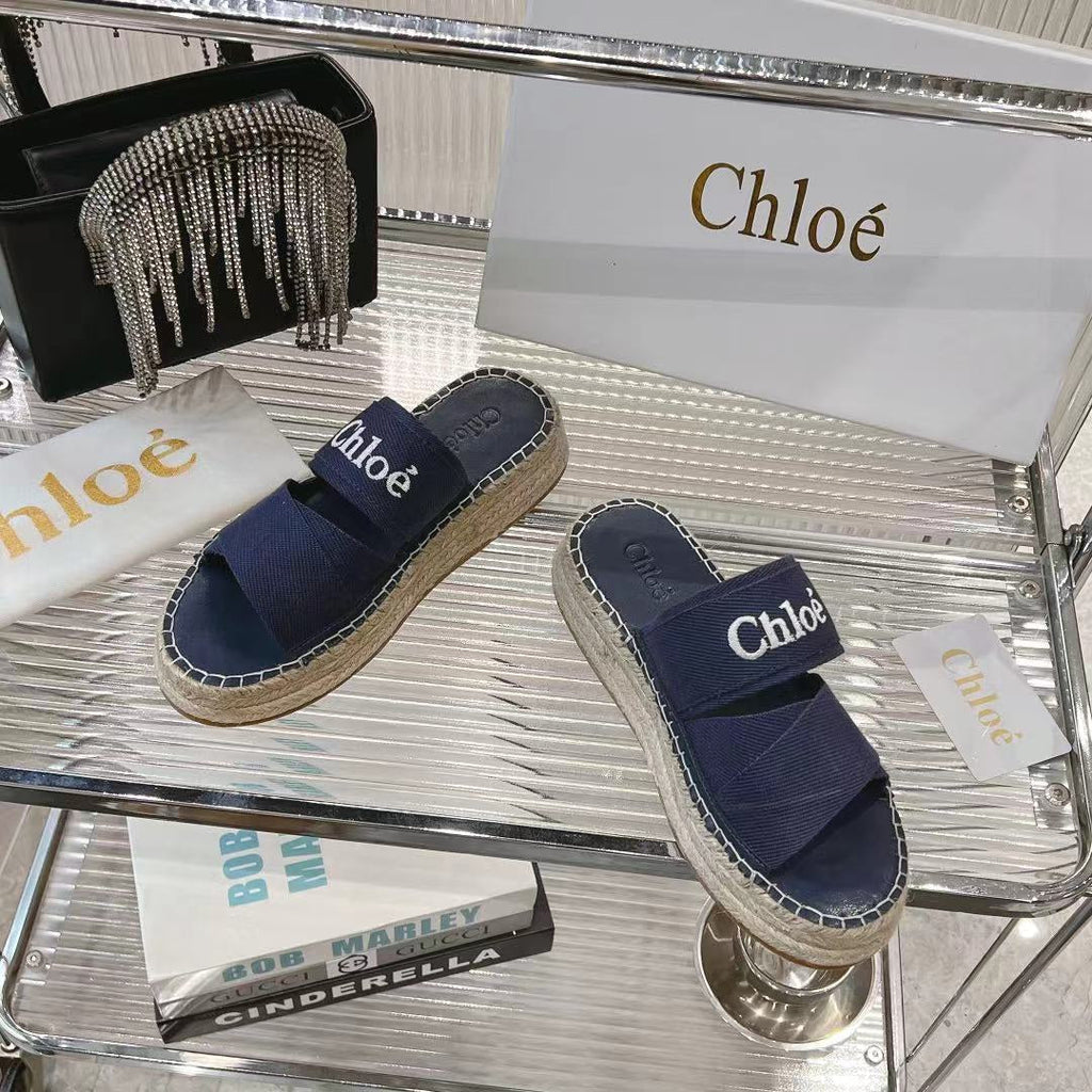 MILA PLATFORM 5 CM IN NAVY BLUE FABRIC AND BEIGE RAFFIA