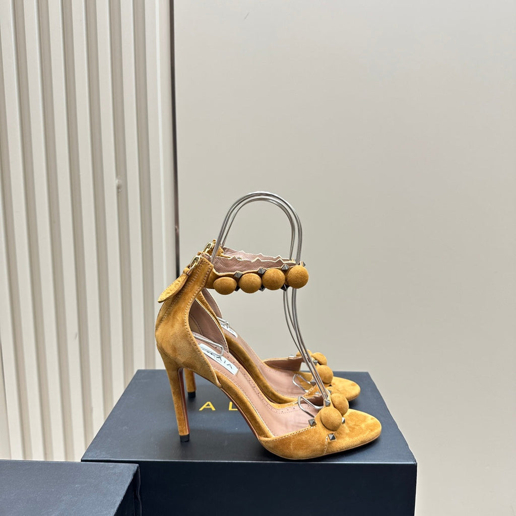 ALAIA HIGH HEEL SANDAL 10 CM IN DIJON YELLOW SUEDE