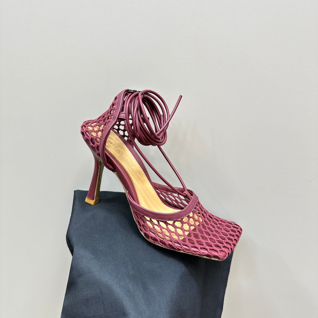BOTTEGA VENETA STRETCH HIGH HEELS 9 CM IN SANGRIA RED METALLIZE MESH AND LEATHER