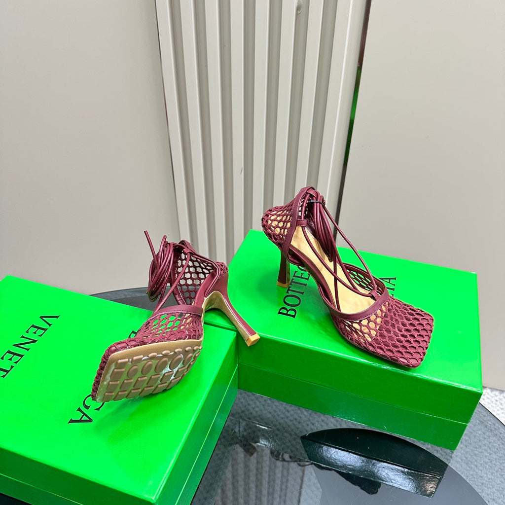 BOTTEGA VENETA STRETCH HIGH HEELS 9 CM IN SANGRIA RED METALLIZE MESH AND LEATHER