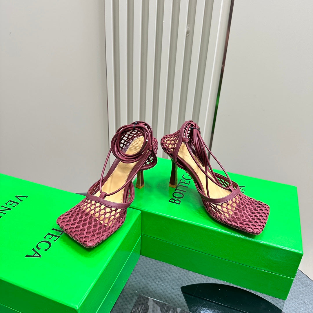 BOTTEGA VENETA STRETCH HIGH HEELS 9 CM IN SANGRIA RED METALLIZE MESH AND LEATHER