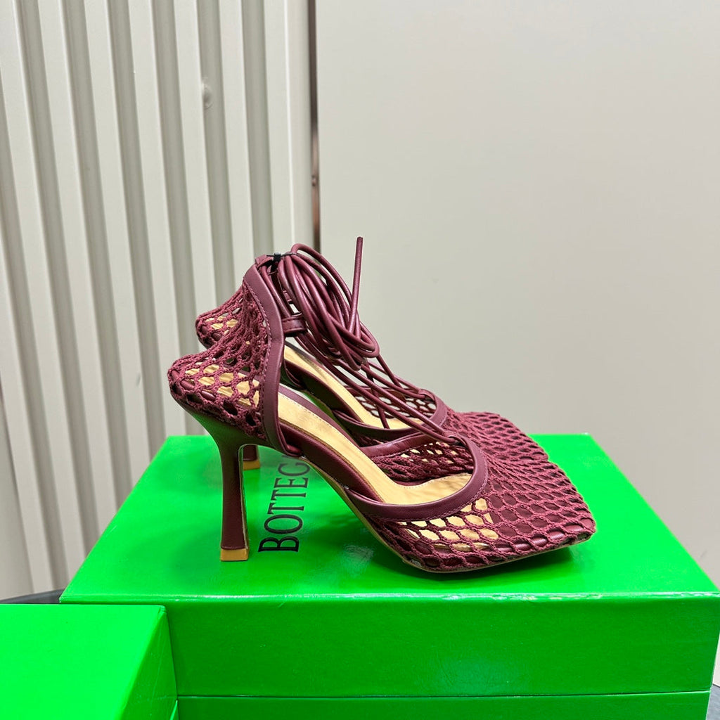 BOTTEGA VENETA STRETCH HIGH HEELS 9 CM IN SANGRIA RED METALLIZE MESH AND LEATHER