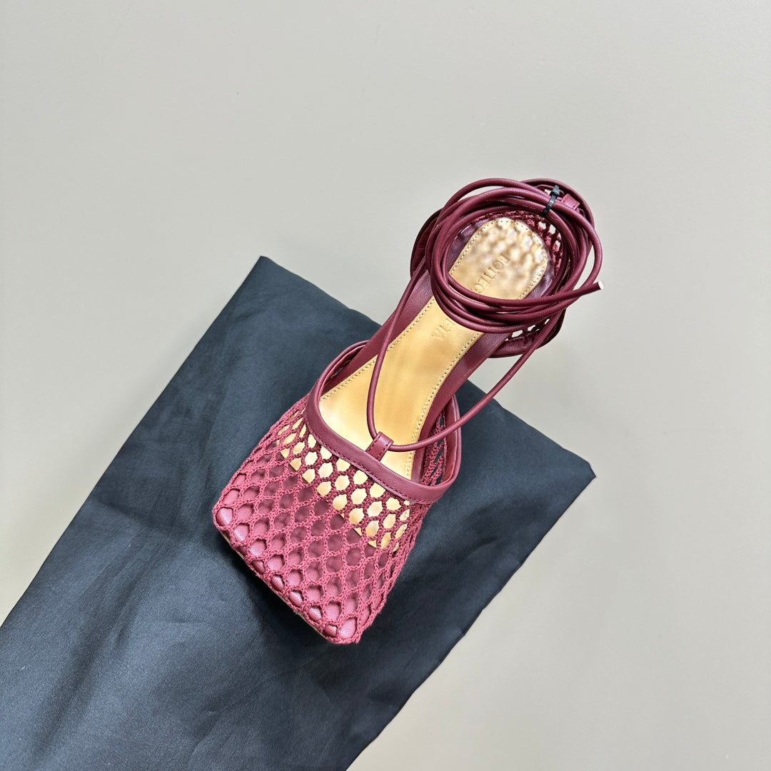 BOTTEGA VENETA STRETCH HIGH HEELS 9 CM IN SANGRIA RED METALLIZE MESH AND LEATHER