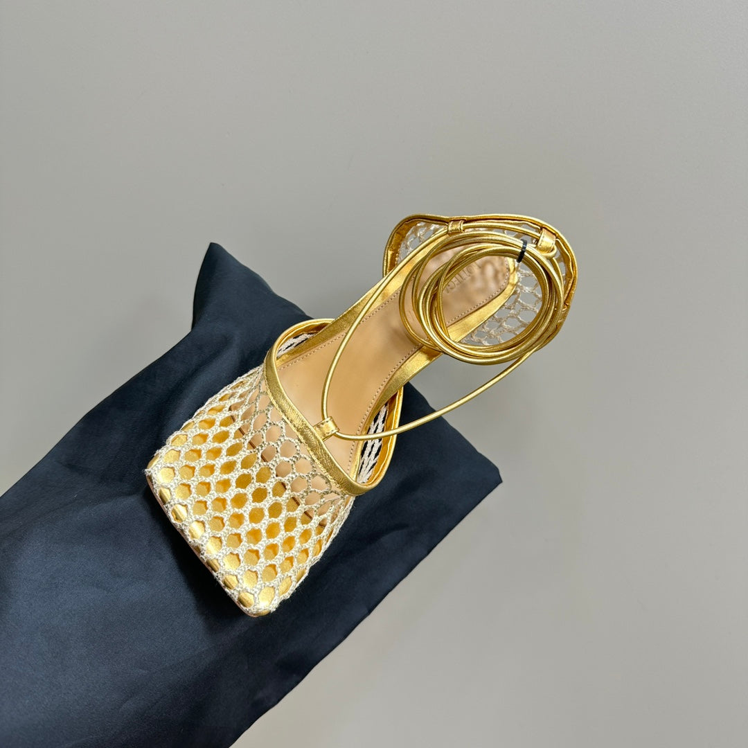 BOTTEGA VENETA STRETCH HIGH HEELS 9 CM IN GOLD METALLIZE MESH AND LEATHER