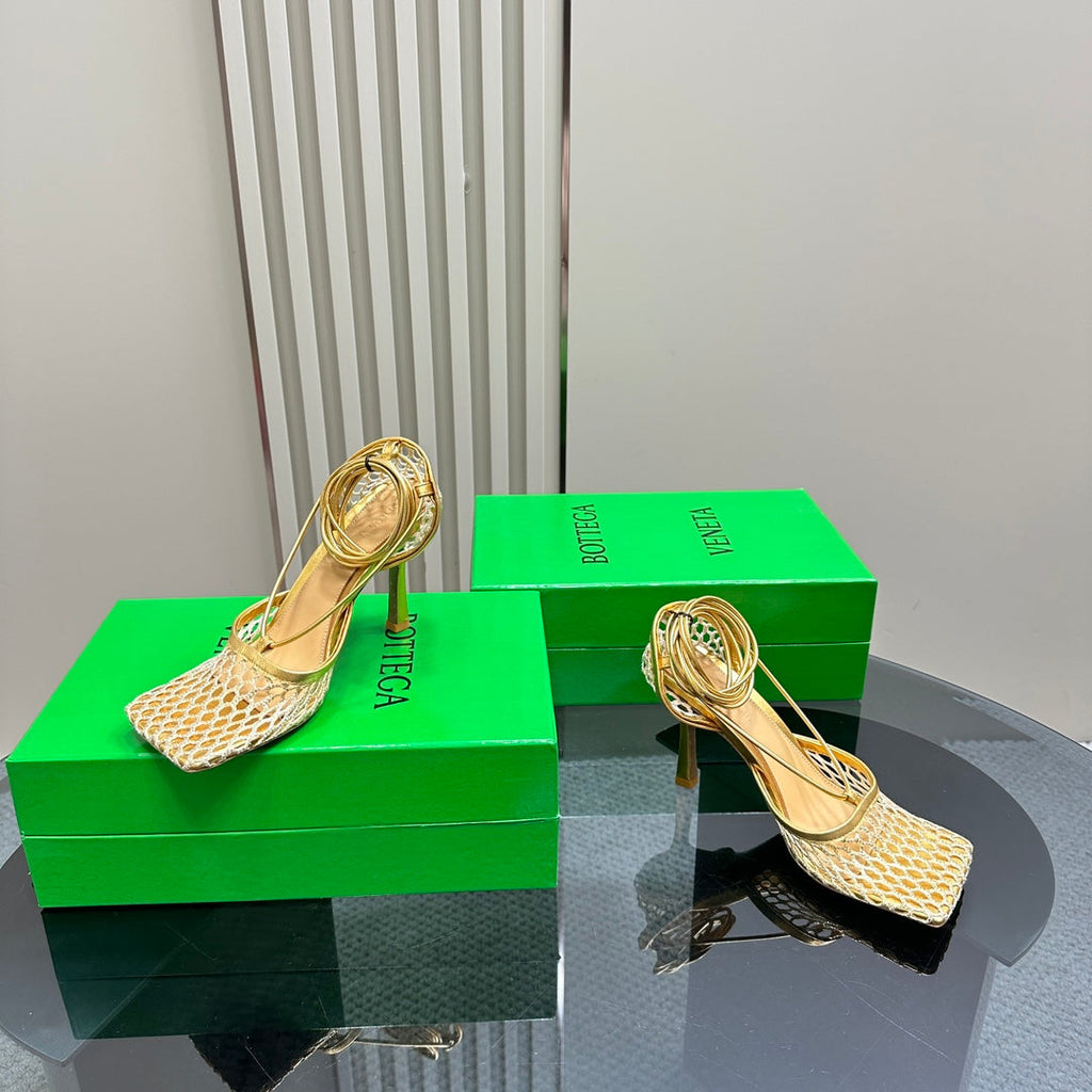 BOTTEGA VENETA STRETCH HIGH HEELS 9 CM IN GOLD METALLIZE MESH AND LEATHER