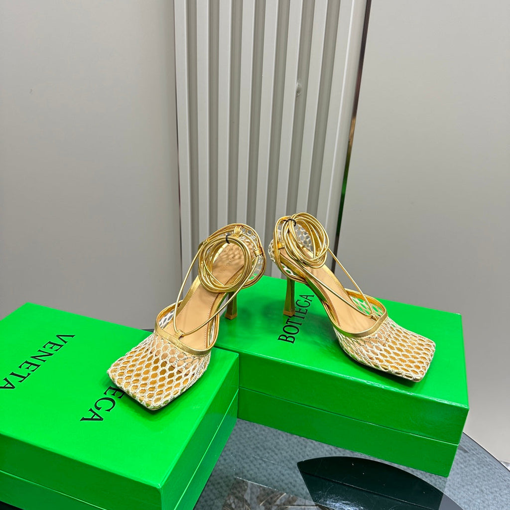 BOTTEGA VENETA STRETCH HIGH HEELS 9 CM IN GOLD METALLIZE MESH AND LEATHER