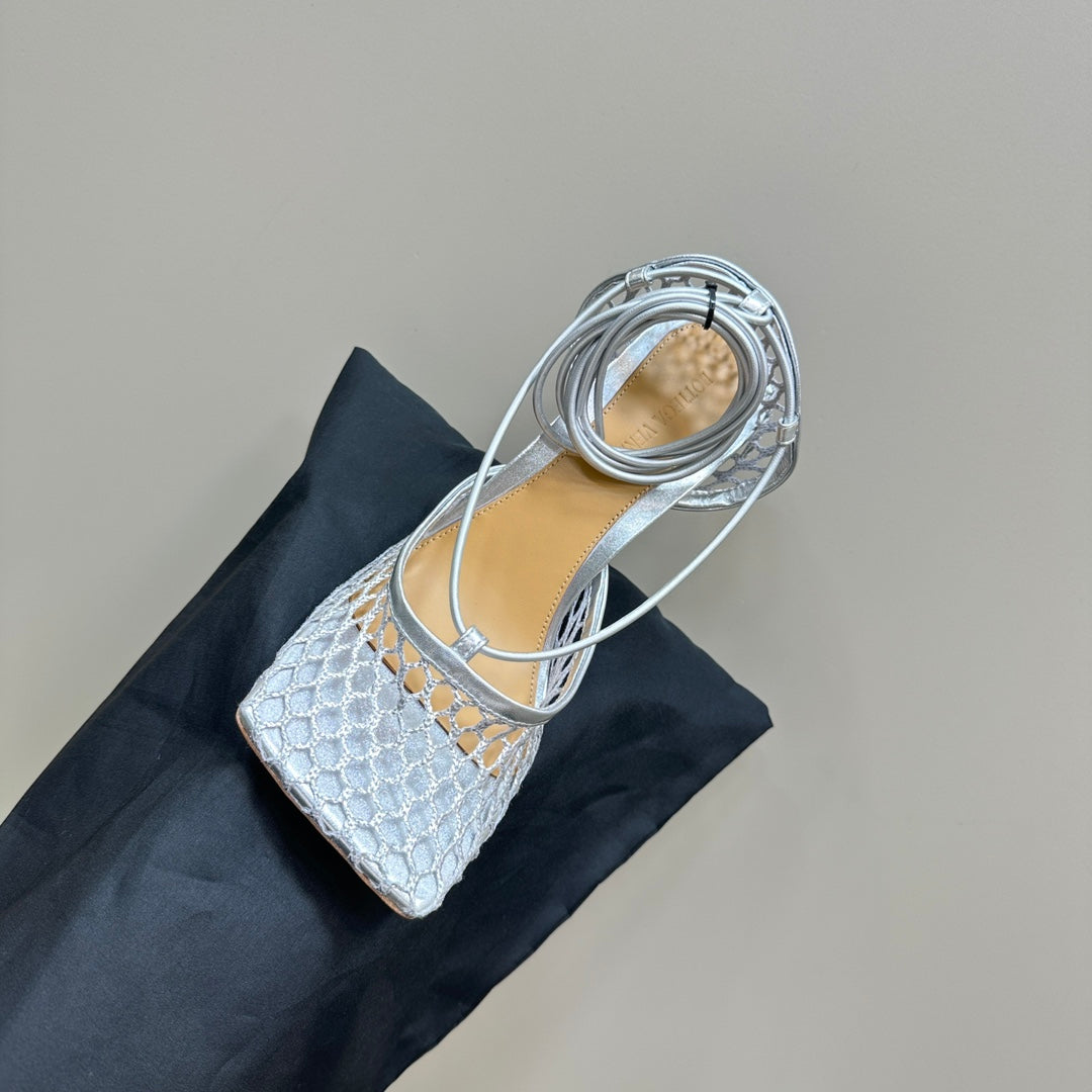 BOTTEGA VENETA STRETCH HIGH HEELS 9 CM IN SILVER METALLIZE MESH AND LEATHER