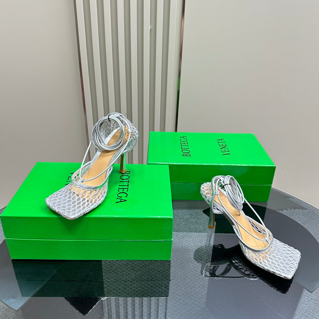 BOTTEGA VENETA STRETCH HIGH HEELS 9 CM IN SILVER METALLIZE MESH AND LEATHER
