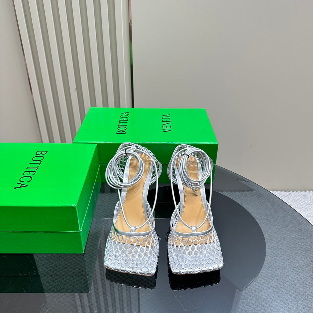 BOTTEGA VENETA STRETCH HIGH HEELS 9 CM IN SILVER METALLIZE MESH AND LEATHER