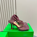 BOTTEGA VENETA STRETCH HIGH HEELS 9 CM IN SANGRIA RED METALLIZE MESH AND LEATHER WITH CRYSTAL