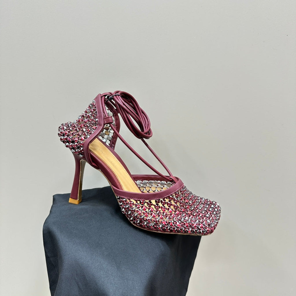 BOTTEGA VENETA STRETCH HIGH HEELS 9 CM IN SANGRIA RED METALLIZE MESH AND LEATHER WITH CRYSTAL