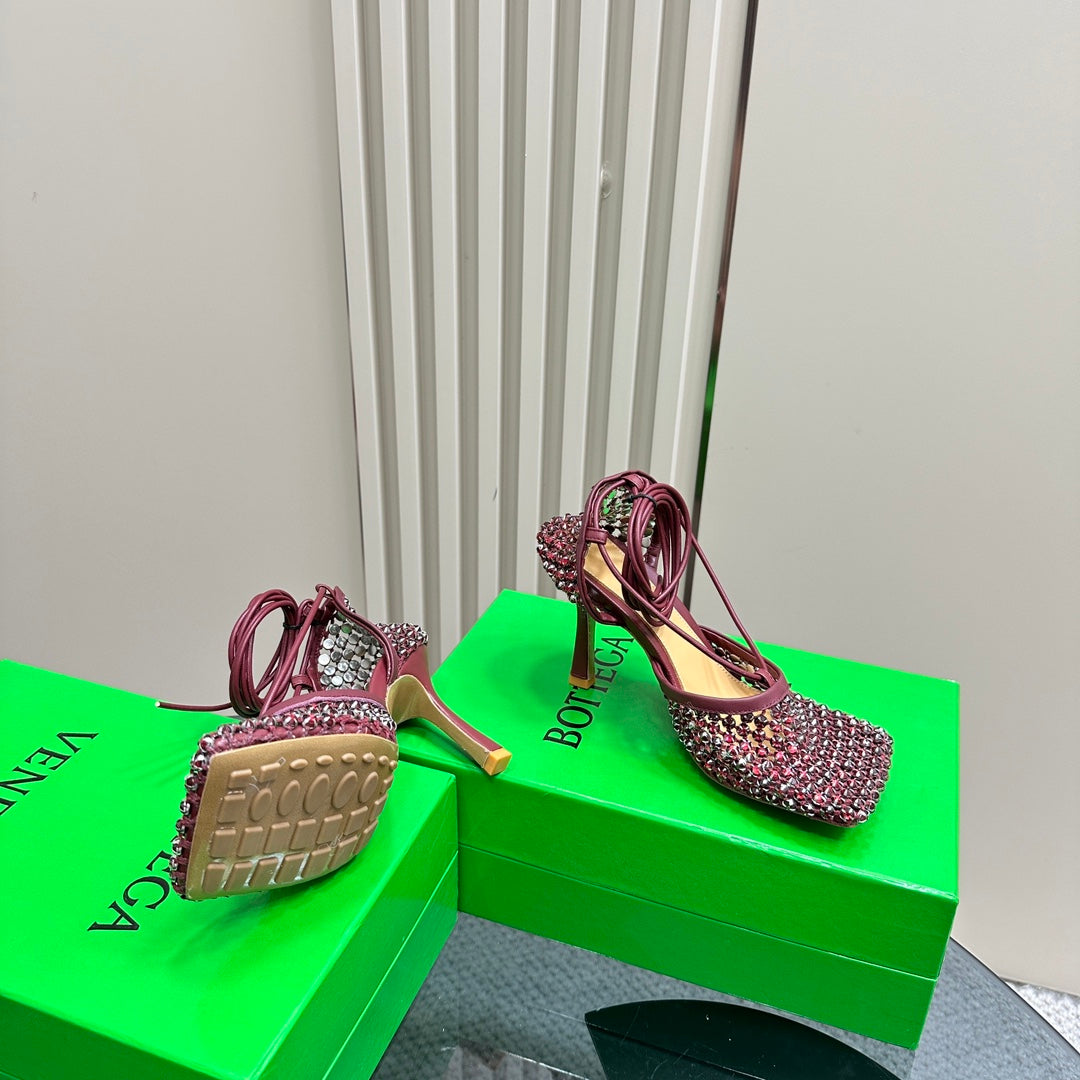 BOTTEGA VENETA STRETCH HIGH HEELS 9 CM IN SANGRIA RED METALLIZE MESH AND LEATHER WITH CRYSTAL