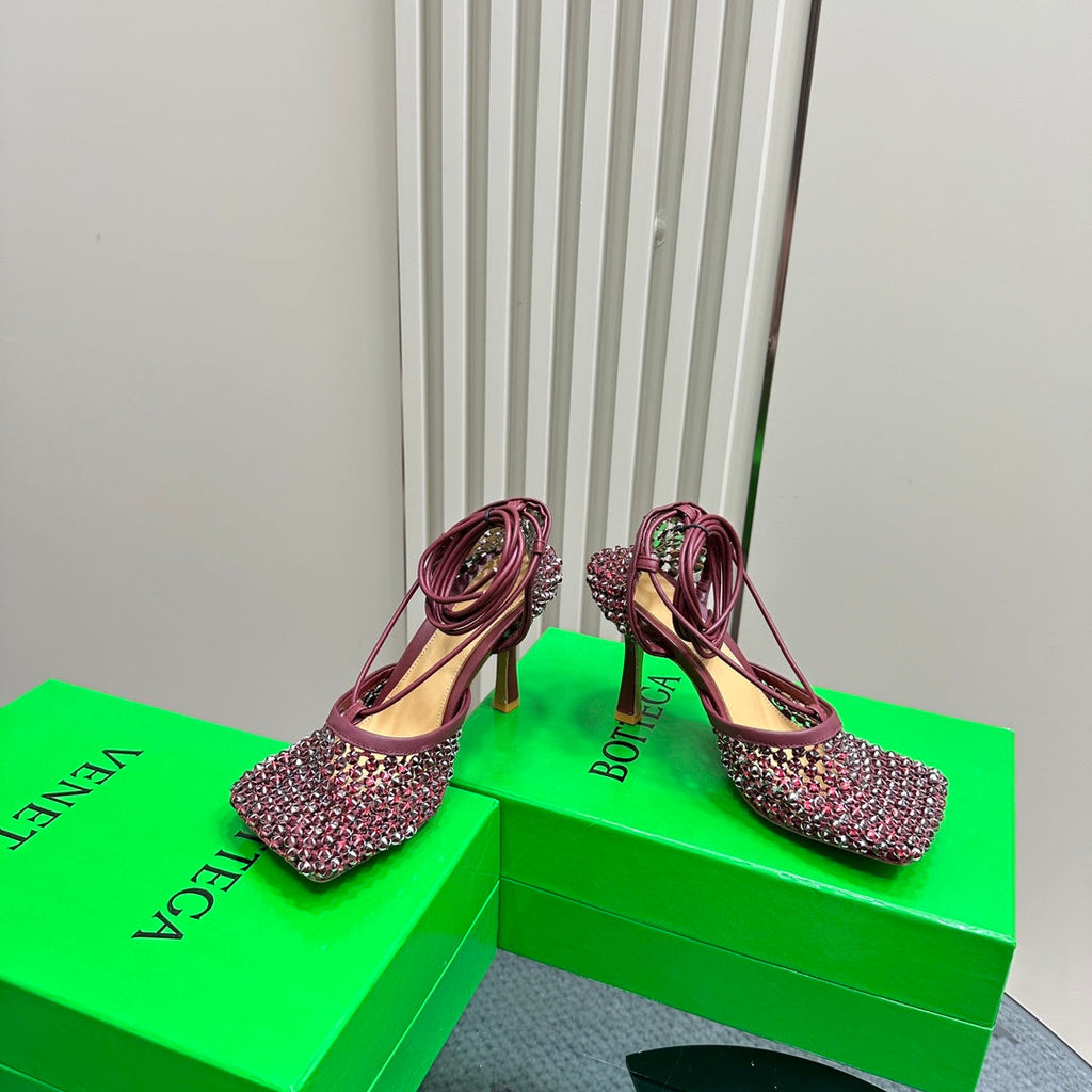 BOTTEGA VENETA STRETCH HIGH HEELS 9 CM IN SANGRIA RED METALLIZE MESH AND LEATHER WITH CRYSTAL
