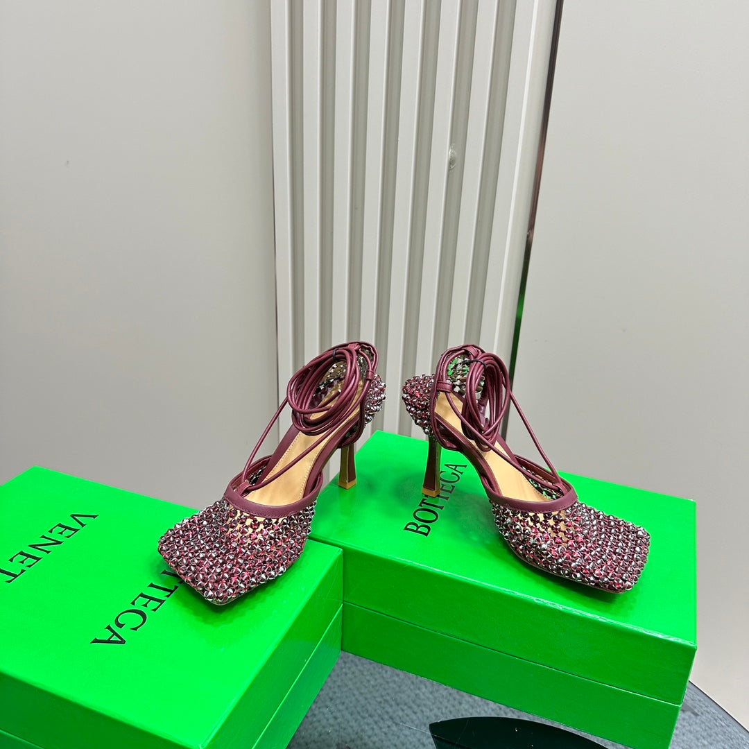 BOTTEGA VENETA STRETCH HIGH HEELS 9 CM IN SANGRIA RED METALLIZE MESH AND LEATHER WITH CRYSTAL