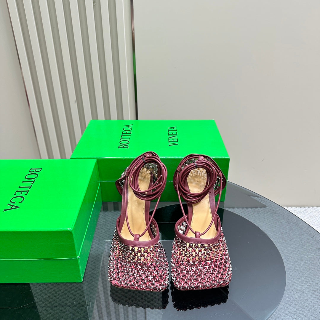 BOTTEGA VENETA STRETCH HIGH HEELS 9 CM IN SANGRIA RED METALLIZE MESH AND LEATHER WITH CRYSTAL