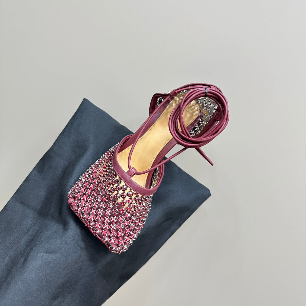 BOTTEGA VENETA STRETCH HIGH HEELS 9 CM IN SANGRIA RED METALLIZE MESH AND LEATHER WITH CRYSTAL