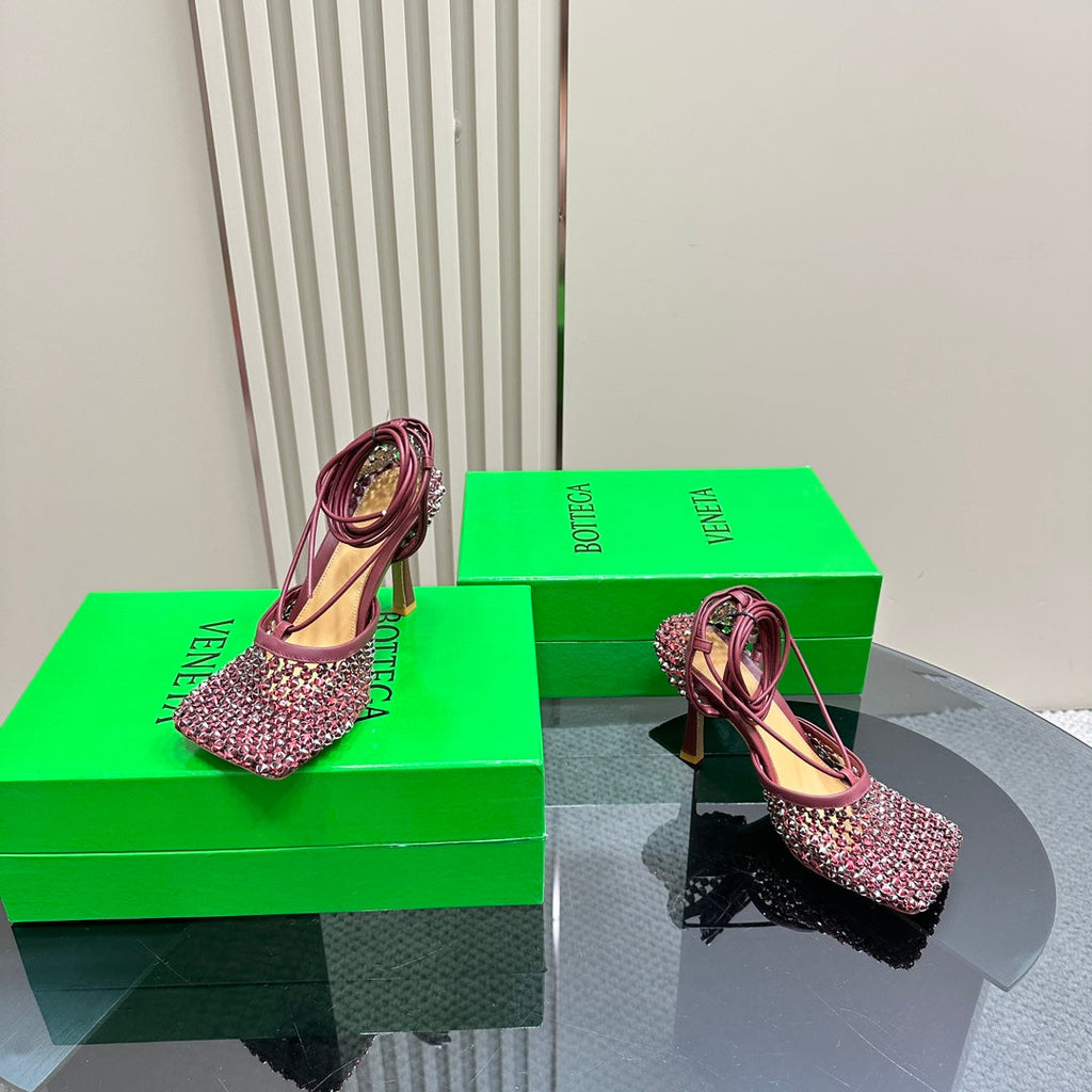 BOTTEGA VENETA STRETCH HIGH HEELS 9 CM IN SANGRIA RED METALLIZE MESH AND LEATHER WITH CRYSTAL