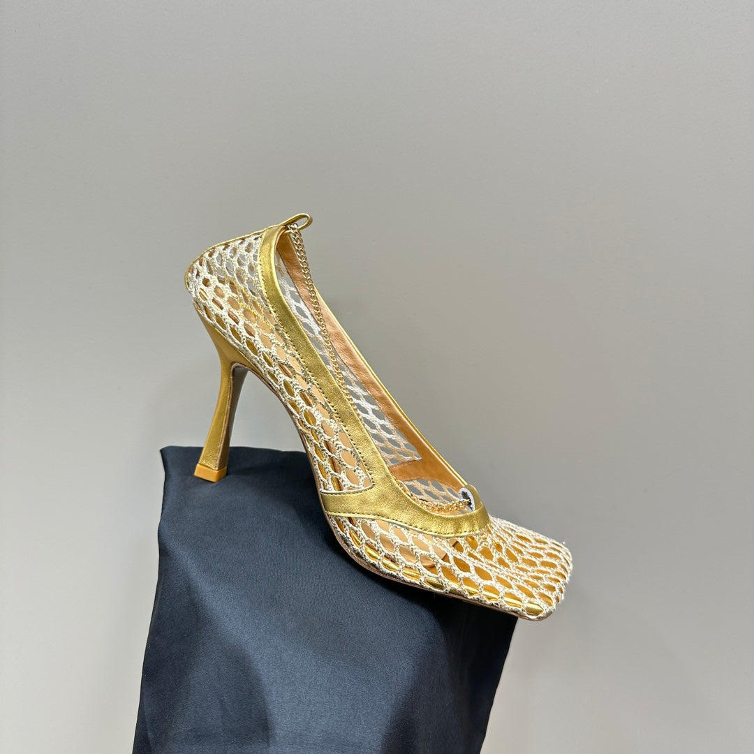 BOTTEGA VENETA HIGH PUMP 9 CM IN GOLD METALLIZE MESH AND LEATHER