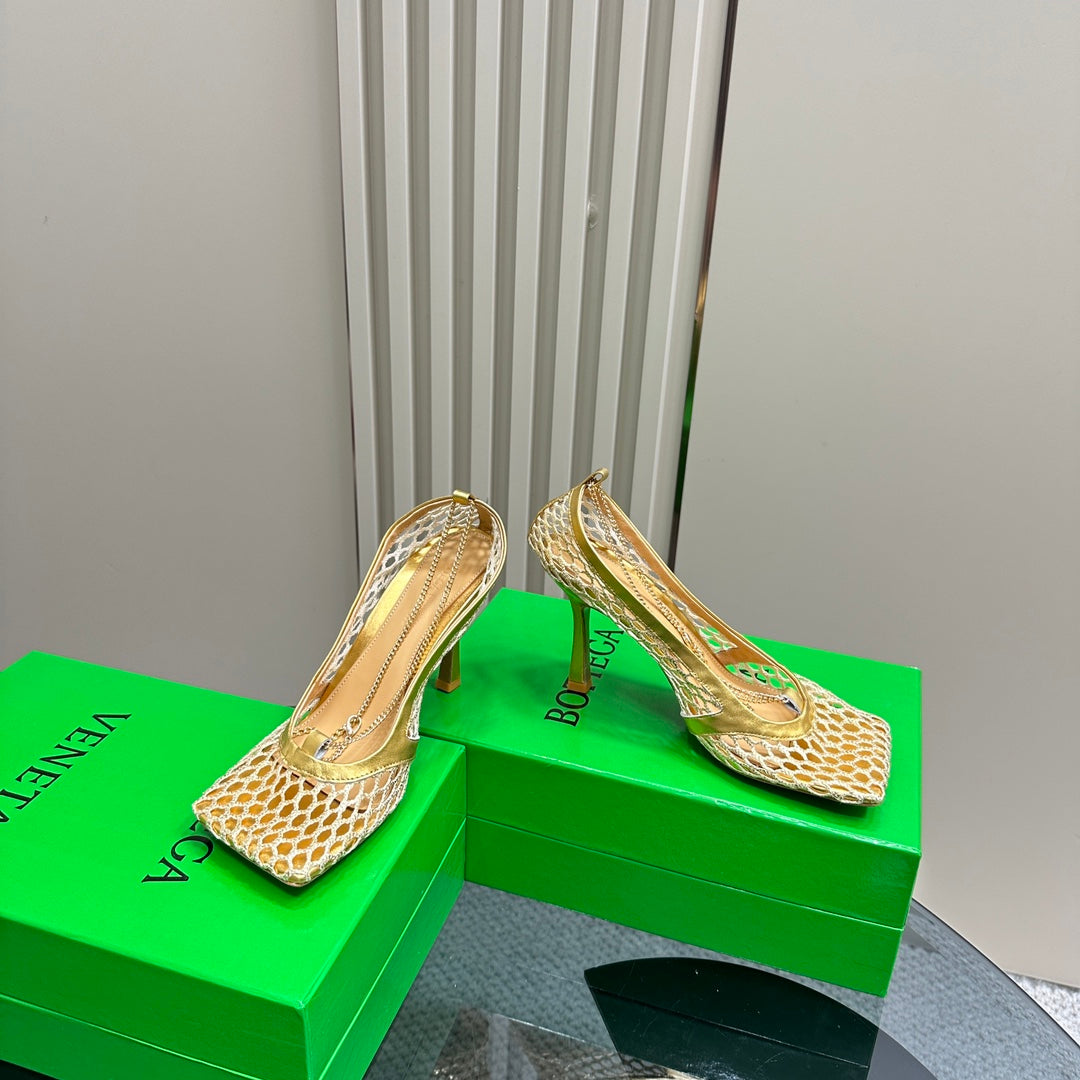 BOTTEGA VENETA HIGH PUMP 9 CM IN GOLD METALLIZE MESH AND LEATHER