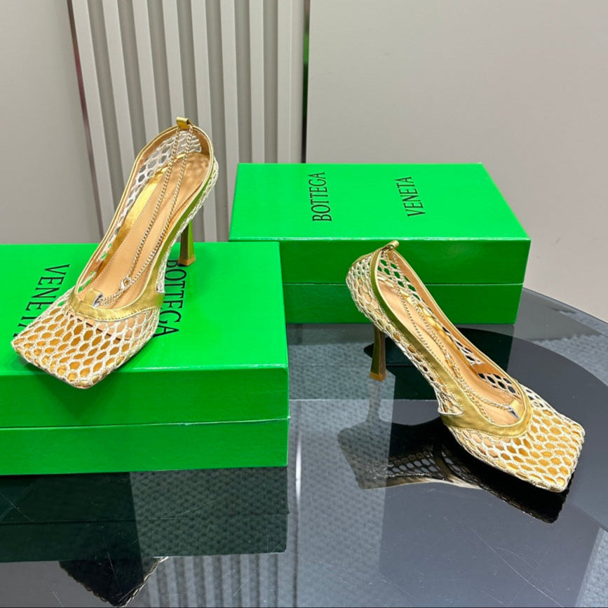 BOTTEGA VENETA HIGH PUMP 9 CM IN GOLD METALLIZE MESH AND LEATHER