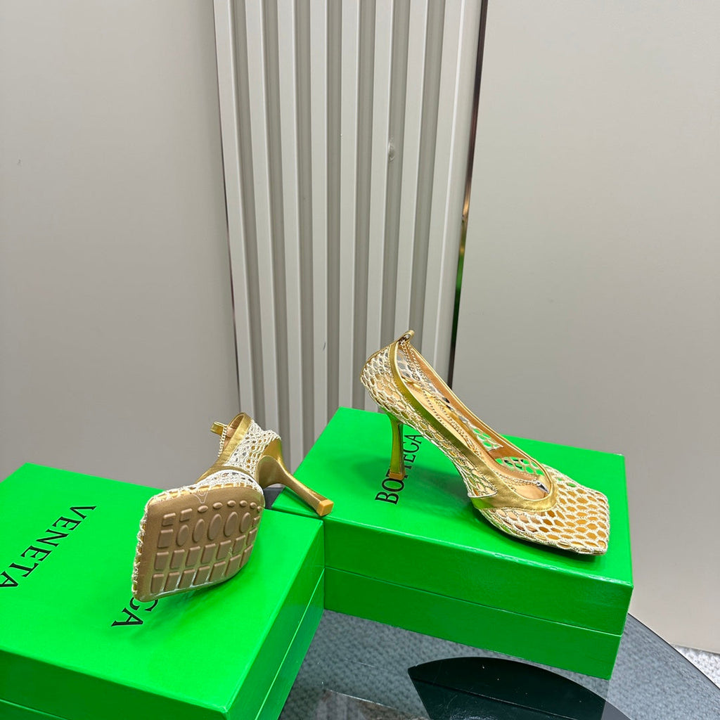 BOTTEGA VENETA HIGH PUMP 9 CM IN GOLD METALLIZE MESH AND LEATHER