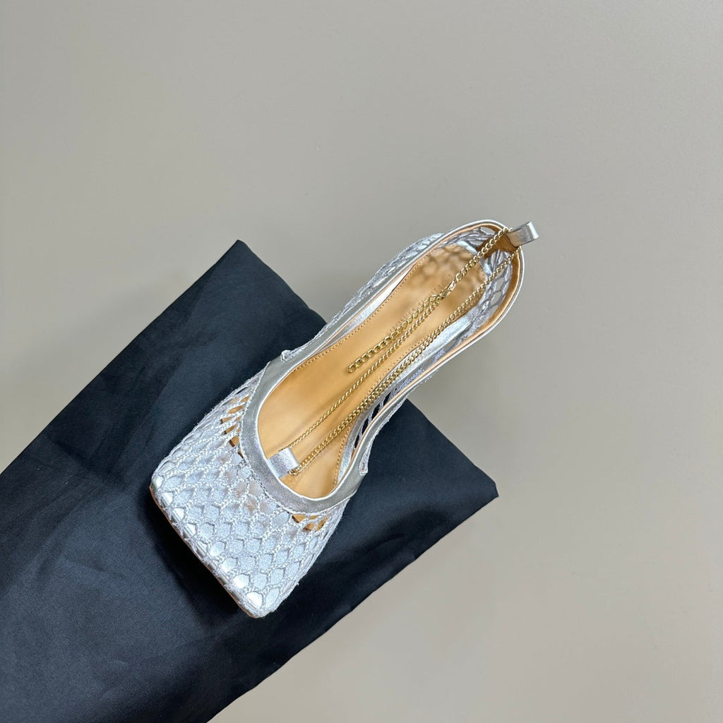 BOTTEGA VENETA HIGH PUMP 9 CM IN SILVER METALLIZE MESH AND LEATHER