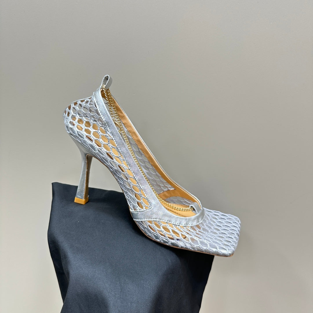 BOTTEGA VENETA HIGH PUMP 9 CM IN SILVER METALLIZE MESH AND LEATHER