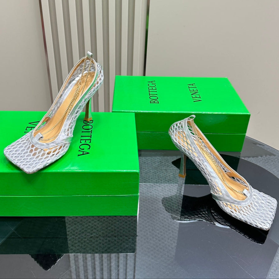 BOTTEGA VENETA HIGH PUMP 9 CM IN SILVER METALLIZE MESH AND LEATHER
