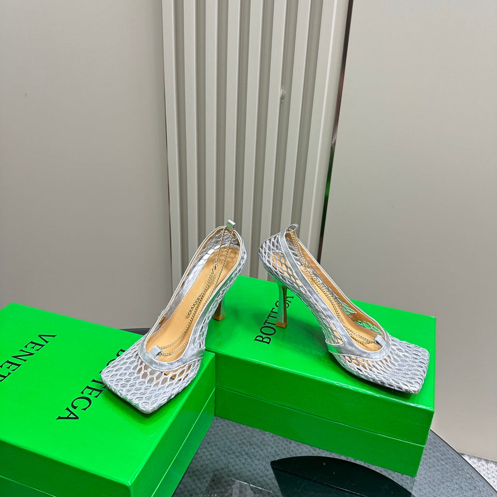 BOTTEGA VENETA HIGH PUMP 9 CM IN SILVER METALLIZE MESH AND LEATHER