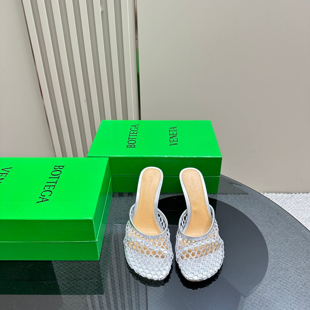BOTTEGA VENETA HIGH MULE 9 CM IN SILVER METALLIZE MESH AND LEATHER