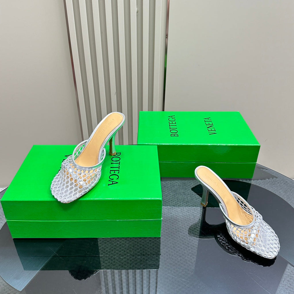 BOTTEGA VENETA HIGH MULE 9 CM IN SILVER METALLIZE MESH AND LEATHER