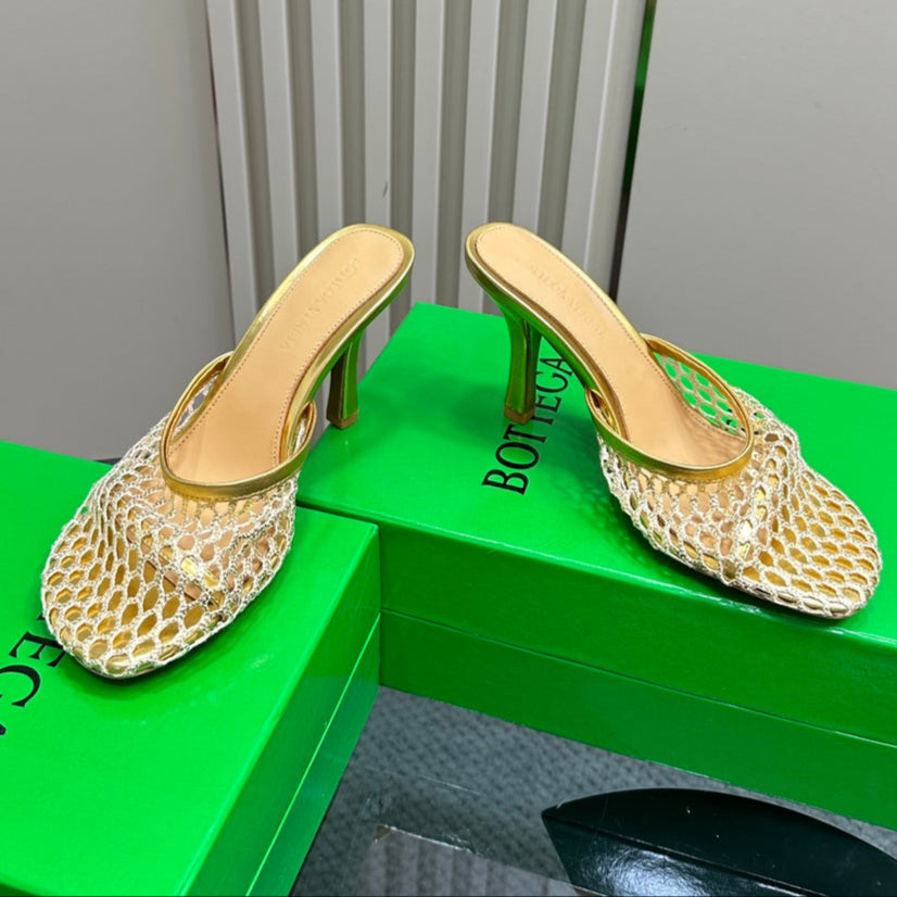 BOTTEGA VENETA HIGH MULE 9 CM IN GOLD METALLIZE MESH AND LEATHER