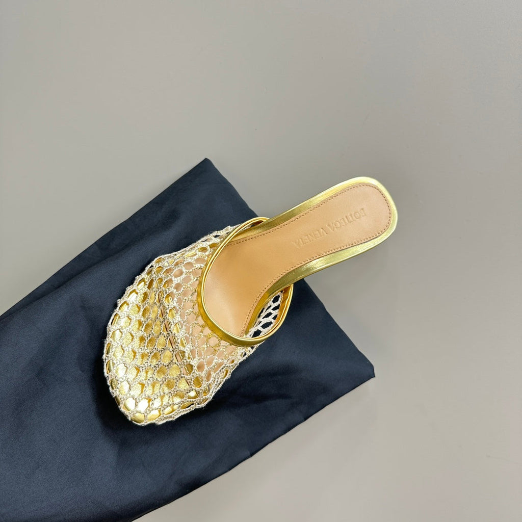 BOTTEGA VENETA HIGH MULE 9 CM IN GOLD METALLIZE MESH AND LEATHER
