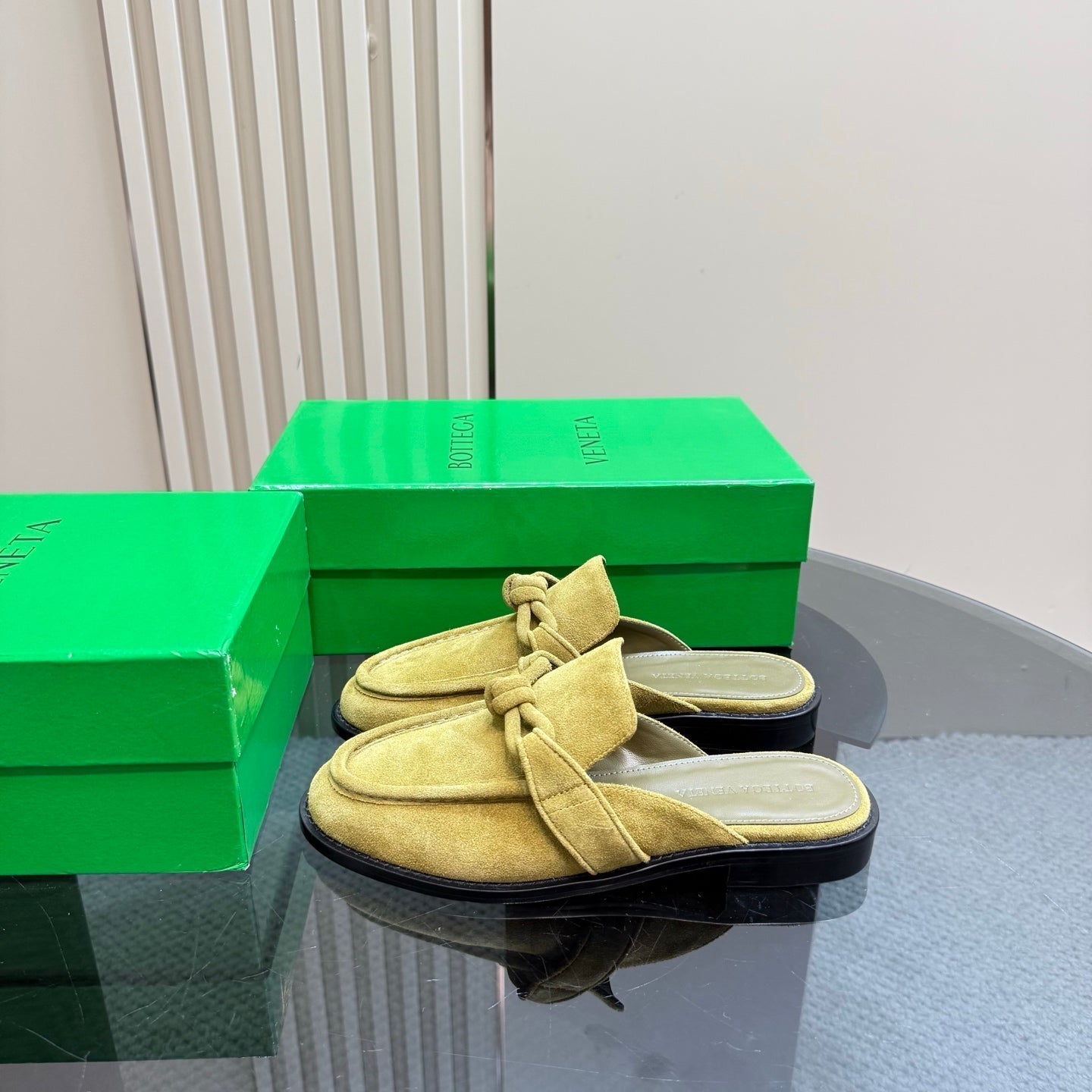 BOTTEGA VENETA ASTAIRE MULE IN OLIVE GREEN SUEDE