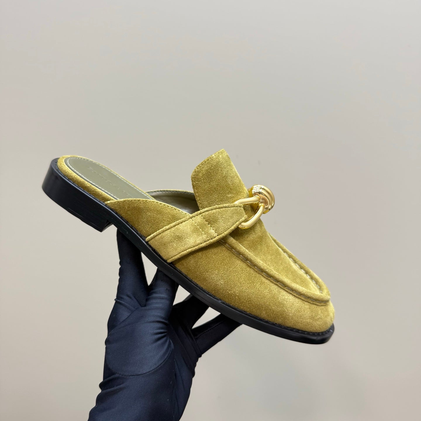BOTTEGA VENETA ASTAIRE MULE IN OLIVE GREEN SUEDE WITH GOLD HARDWARE