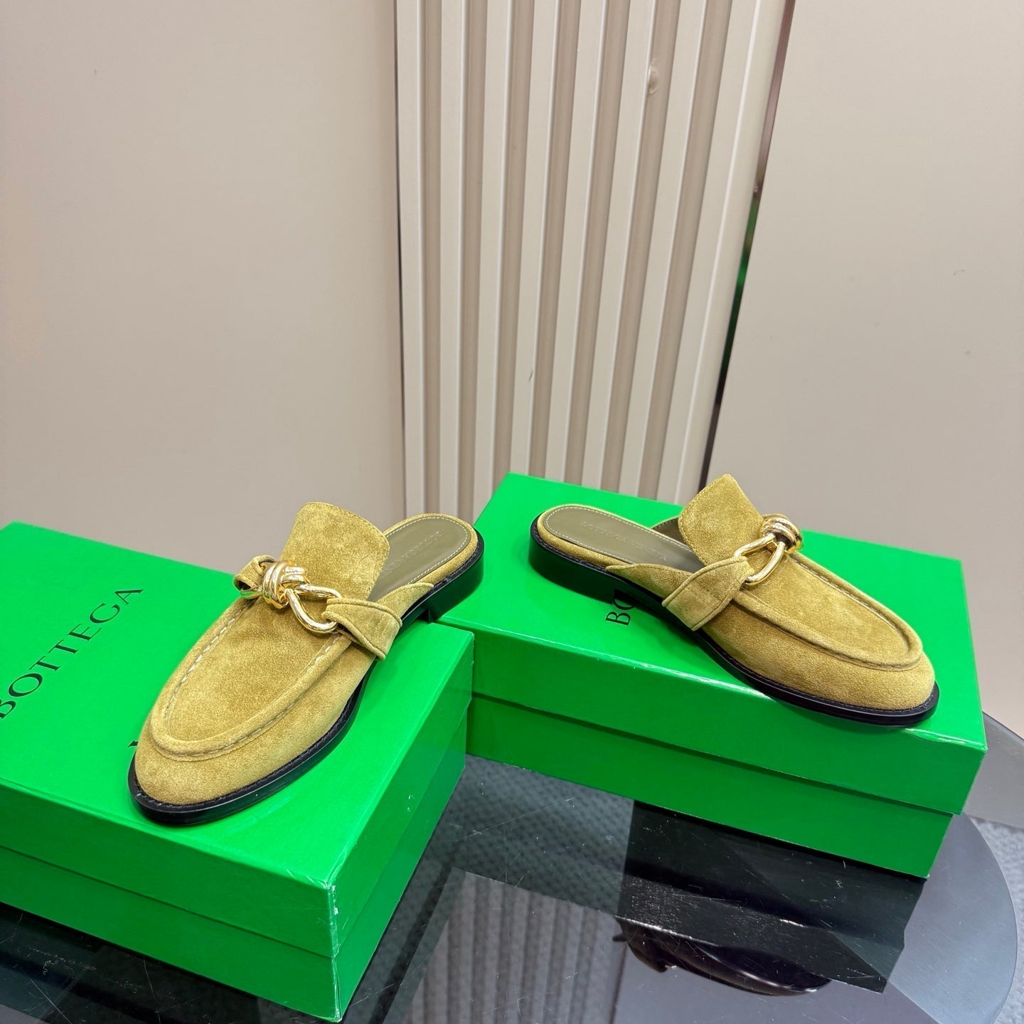 BOTTEGA VENETA ASTAIRE MULE IN OLIVE GREEN SUEDE WITH GOLD HARDWARE