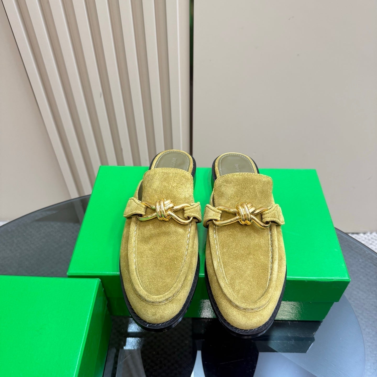 BOTTEGA VENETA ASTAIRE MULE IN OLIVE GREEN SUEDE WITH GOLD HARDWARE