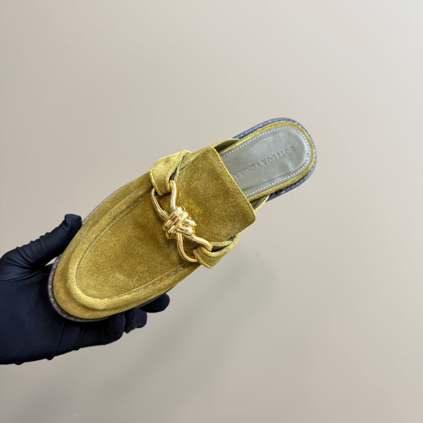 BOTTEGA VENETA ASTAIRE MULE IN OLIVE GREEN SUEDE WITH GOLD HARDWARE