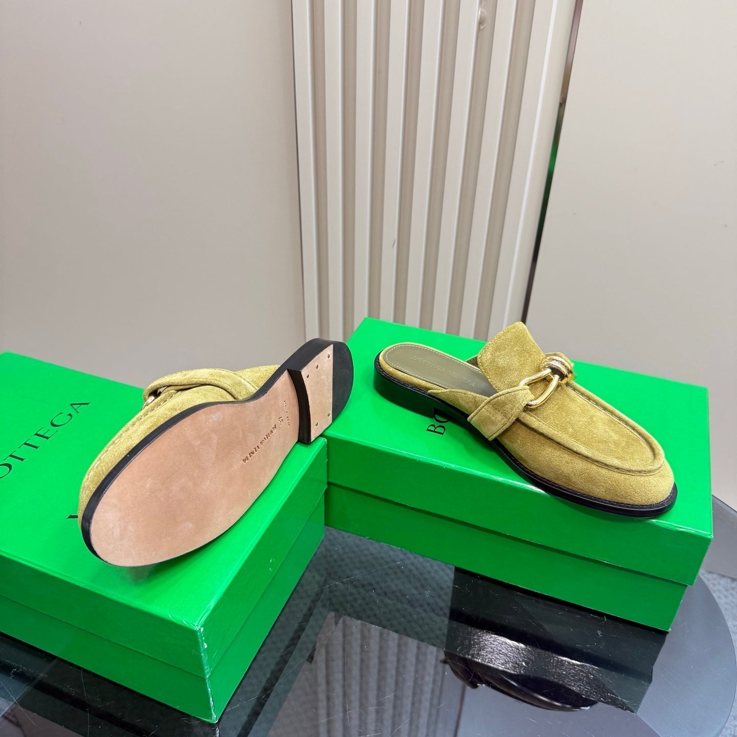 BOTTEGA VENETA ASTAIRE MULE IN OLIVE GREEN SUEDE WITH GOLD HARDWARE