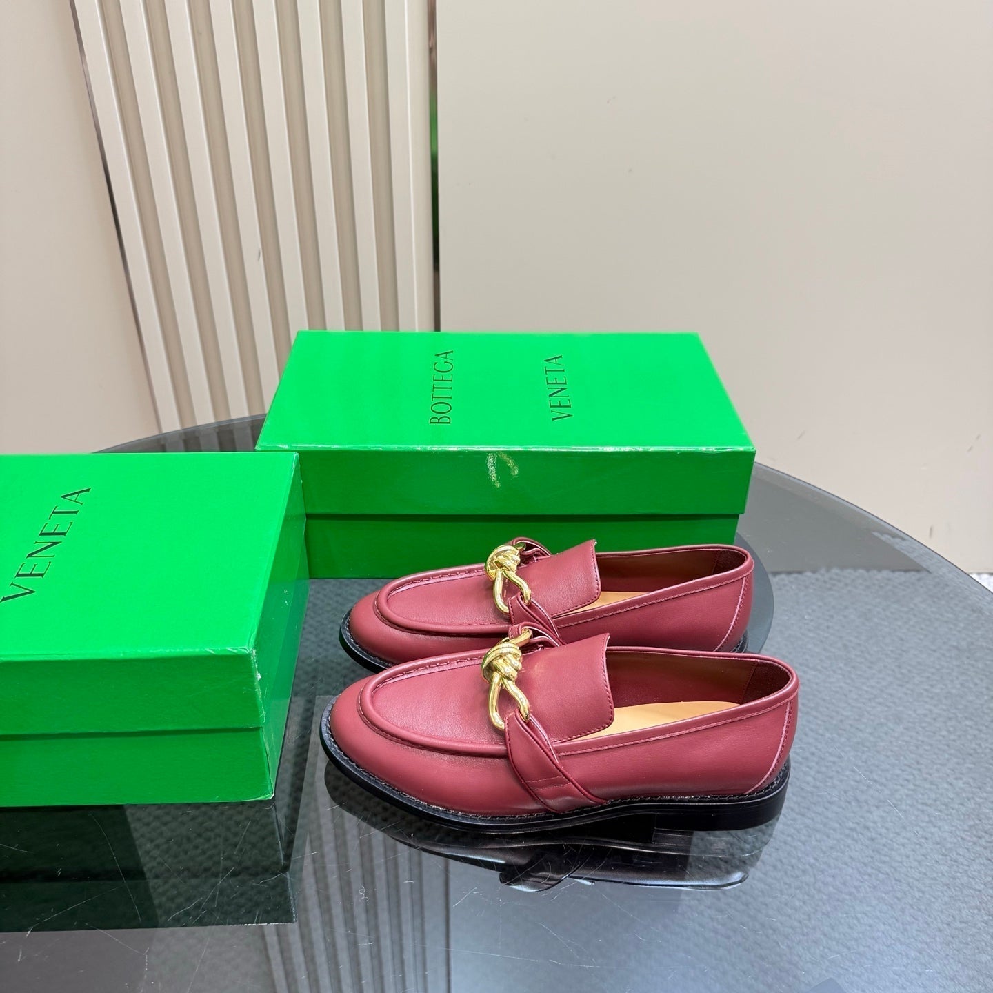 BOTTEGA VENETA ASTAIRE LOAFER IN BERRY RED CALFSKIN WITH GOLD HARDWARE