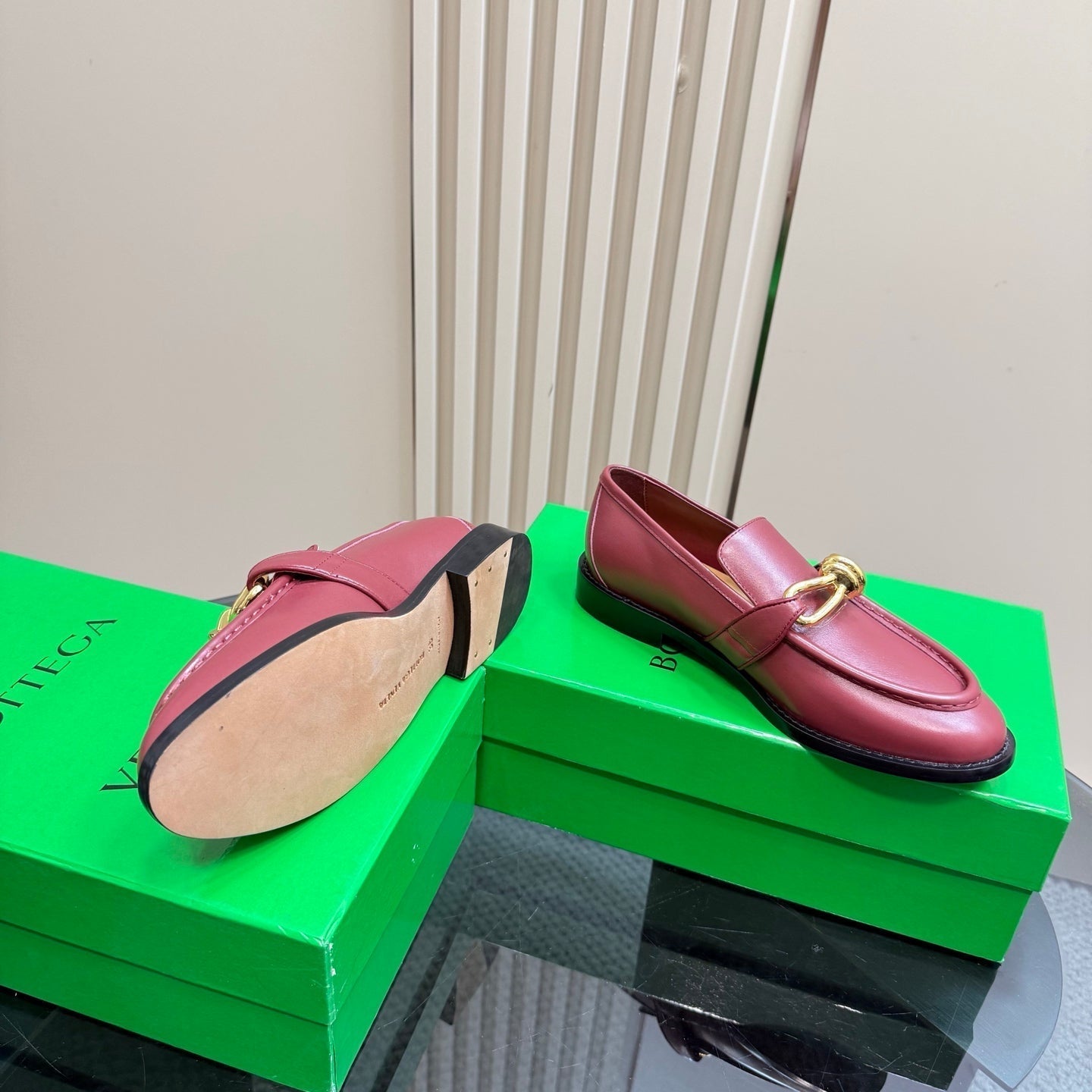 BOTTEGA VENETA ASTAIRE LOAFER IN BERRY RED CALFSKIN WITH GOLD HARDWARE