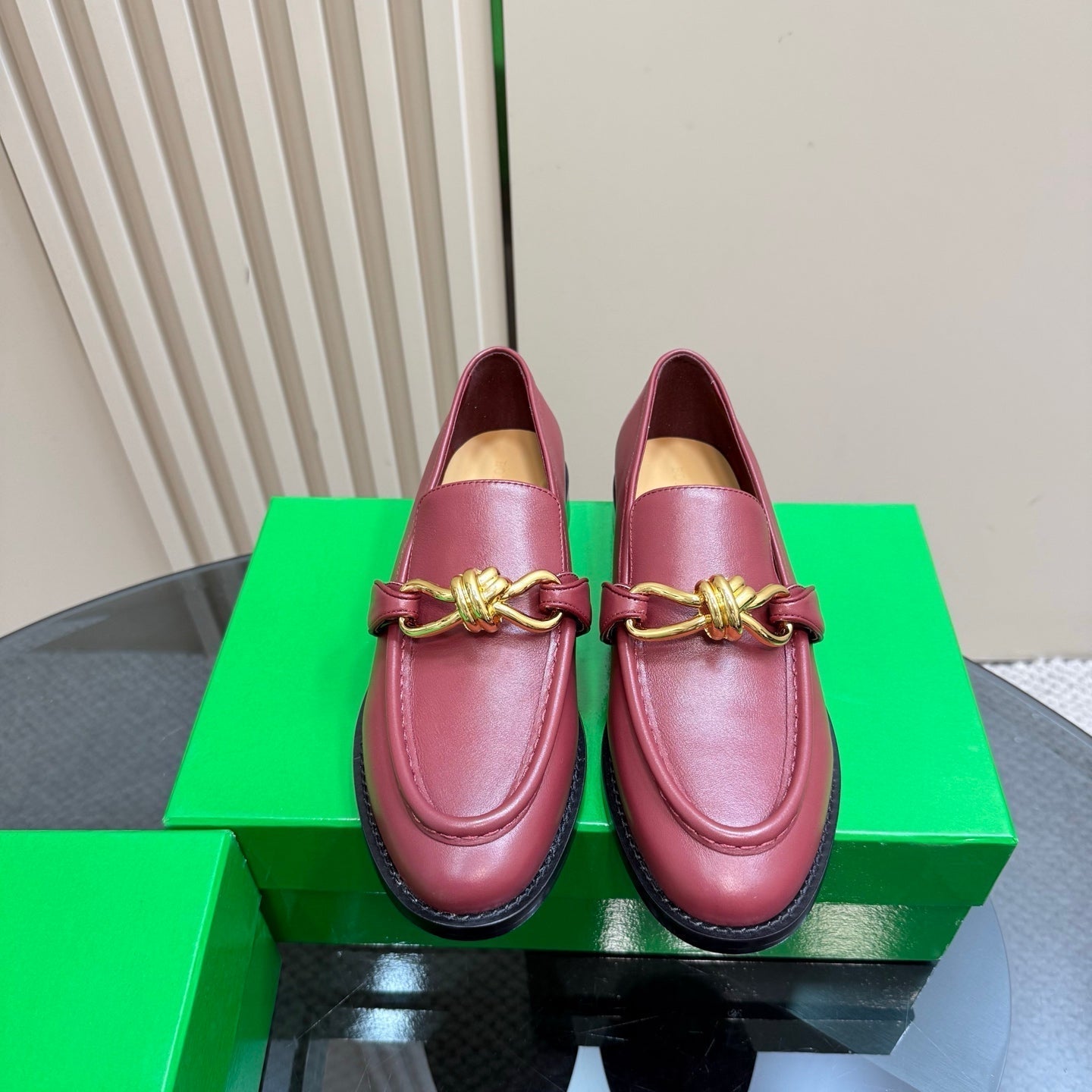 BOTTEGA VENETA ASTAIRE LOAFER IN BERRY RED CALFSKIN WITH GOLD HARDWARE